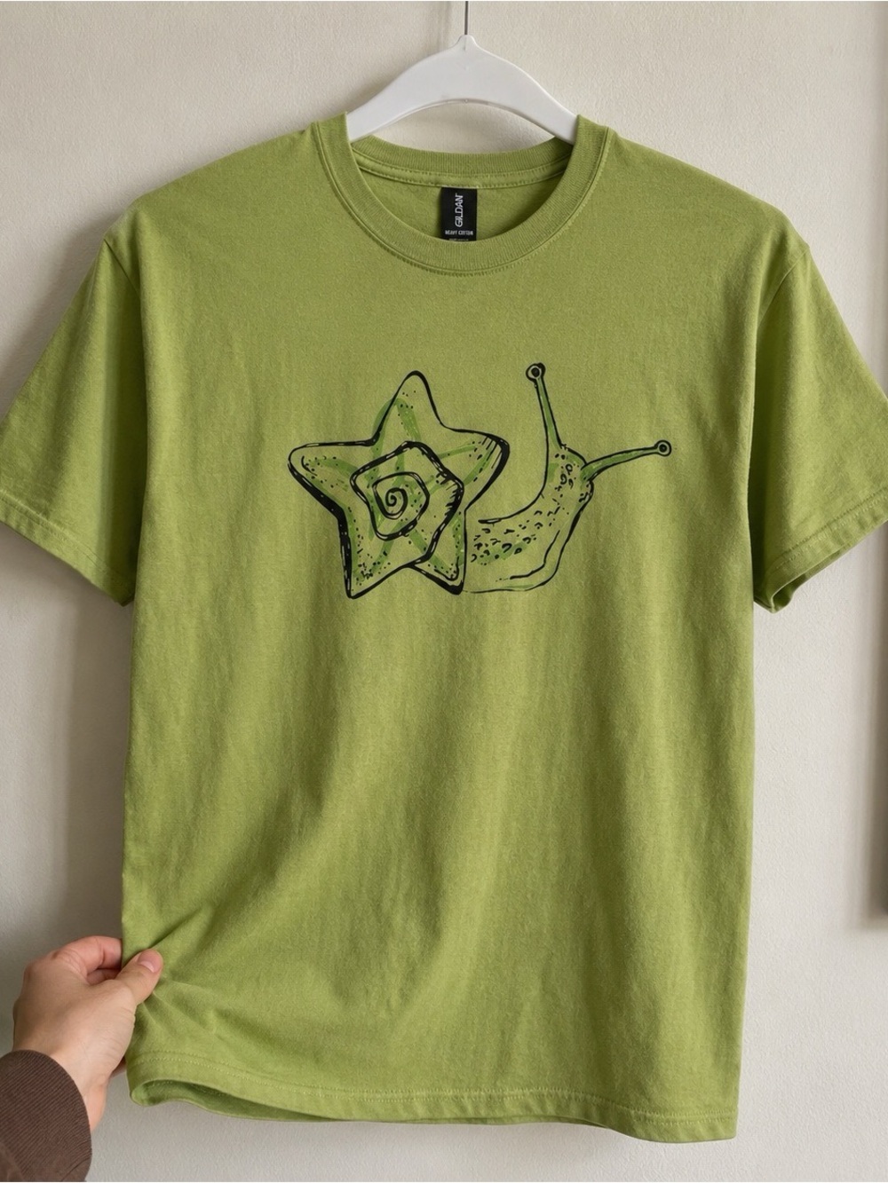 Gildan Light Green Short Sleeve Tee with Black Star & Snail Graphic